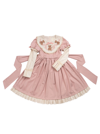 [pre-order] Lolita Teddy Bear Flap Lace Puff Sleeve Ribbon Dress