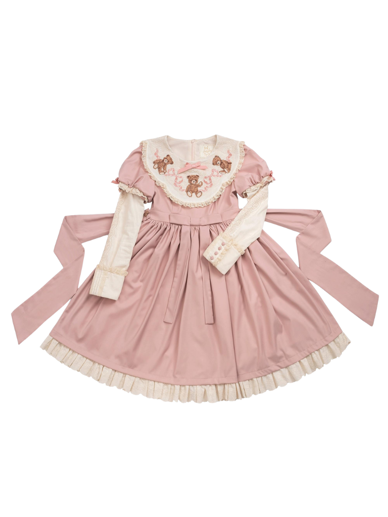 [pre-order] Lolita Teddy Bear Flap Lace Puff Sleeve Ribbon Dress
