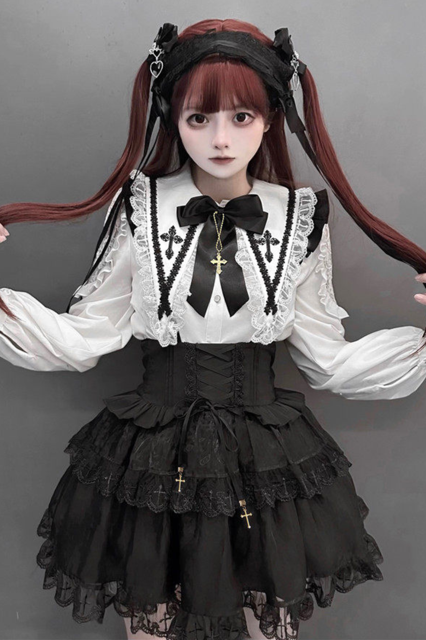 Holy Cross Flutter Sleeve Suspender Skirt + Shirt