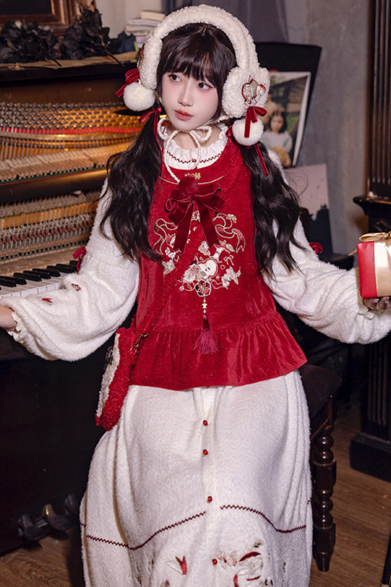 Chinese-style Dark Red Vest + Dress + Ear Cuffs