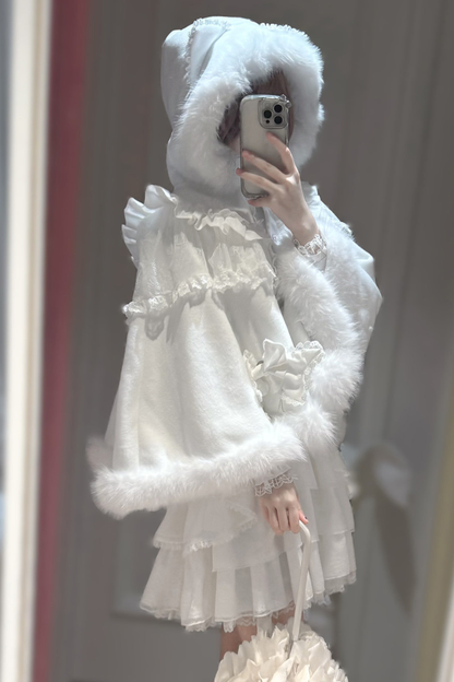 Snow Cat Ear Hooded Cape Coat + Shirt + Skirt