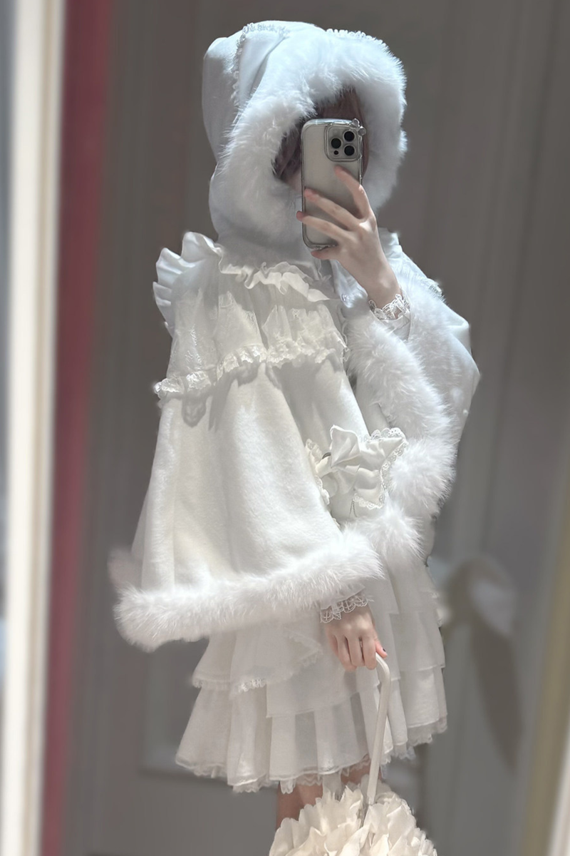 Snow Cat Ear Hooded Cape Coat + Shirt + Skirt