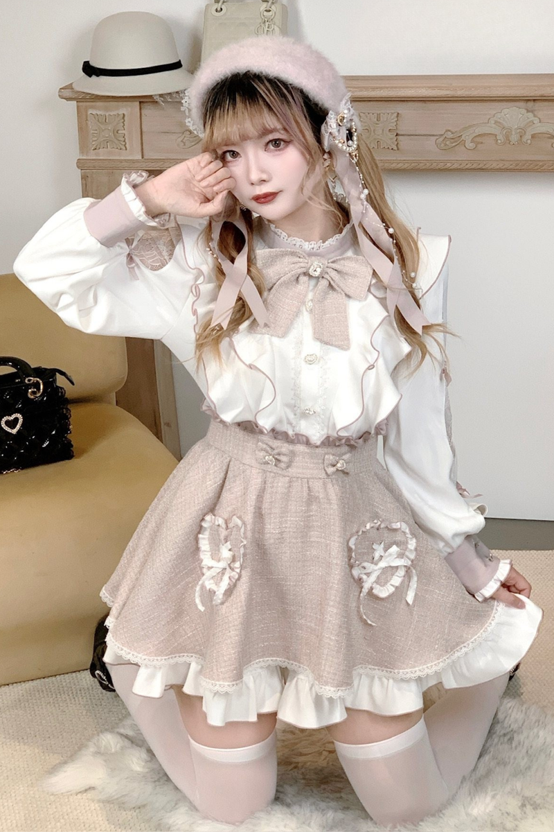 Lace Shoulder Ribbon Blouse + Skirt