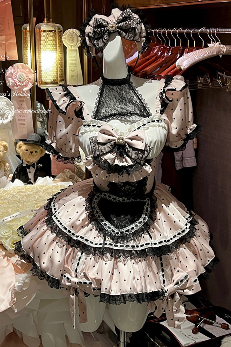 Sweet Little Dot Maid Lolita Dress + Apron + Head Accessory + Veil