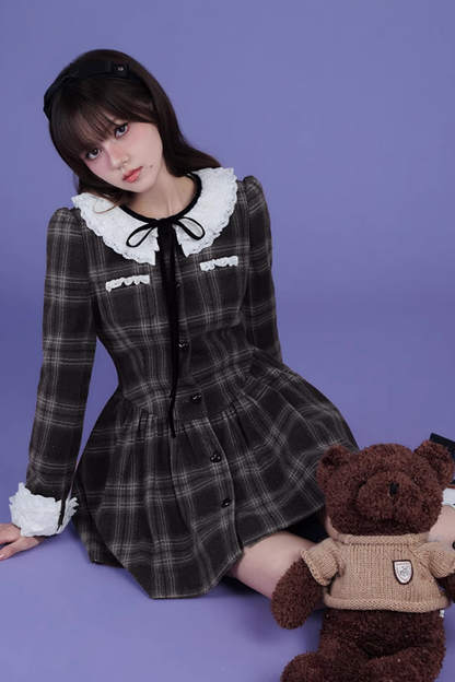 Lace Collar Wool Plaid Dress Coat