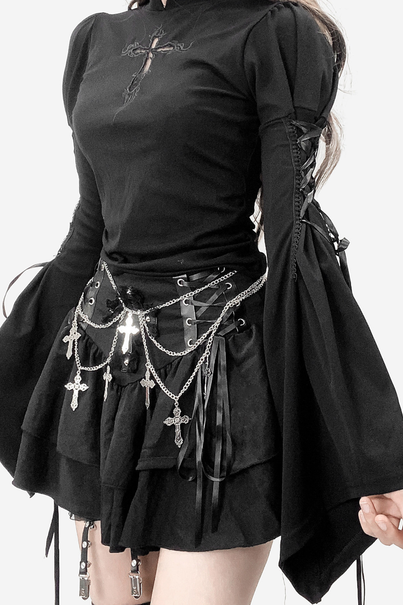 Gothic Lace Up Bell Sleeve Top