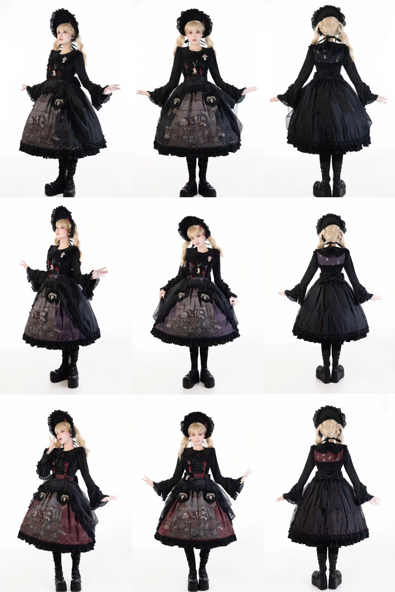 Ruffled Beaded Gothic Straps Printed Dress