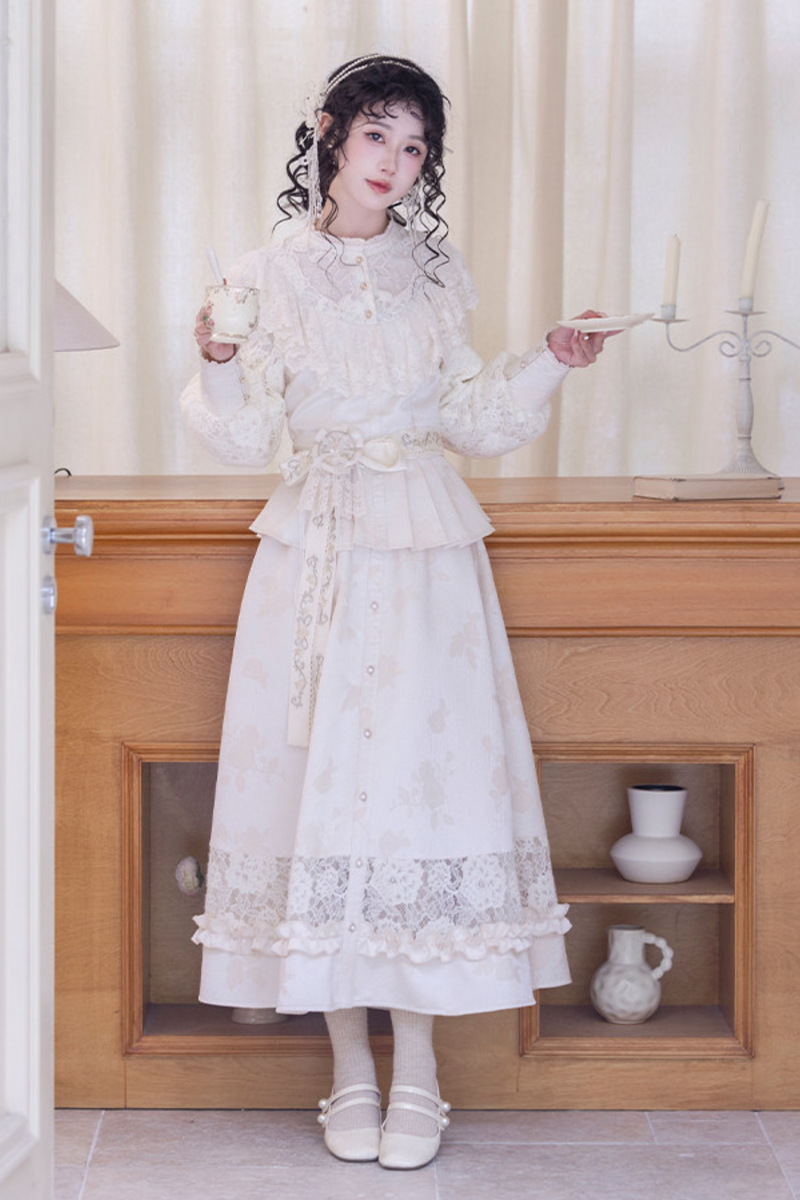 Lace Patchwork Top + Long Skirt + Belt