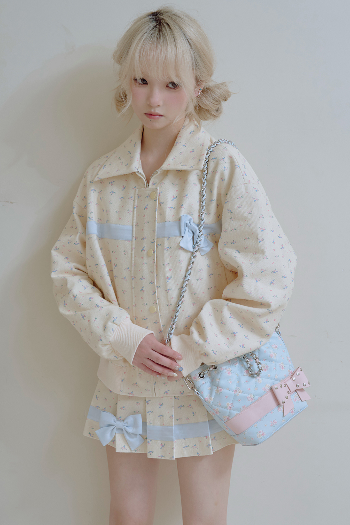 Flower Ribbon Jacket + Pleated Skirt