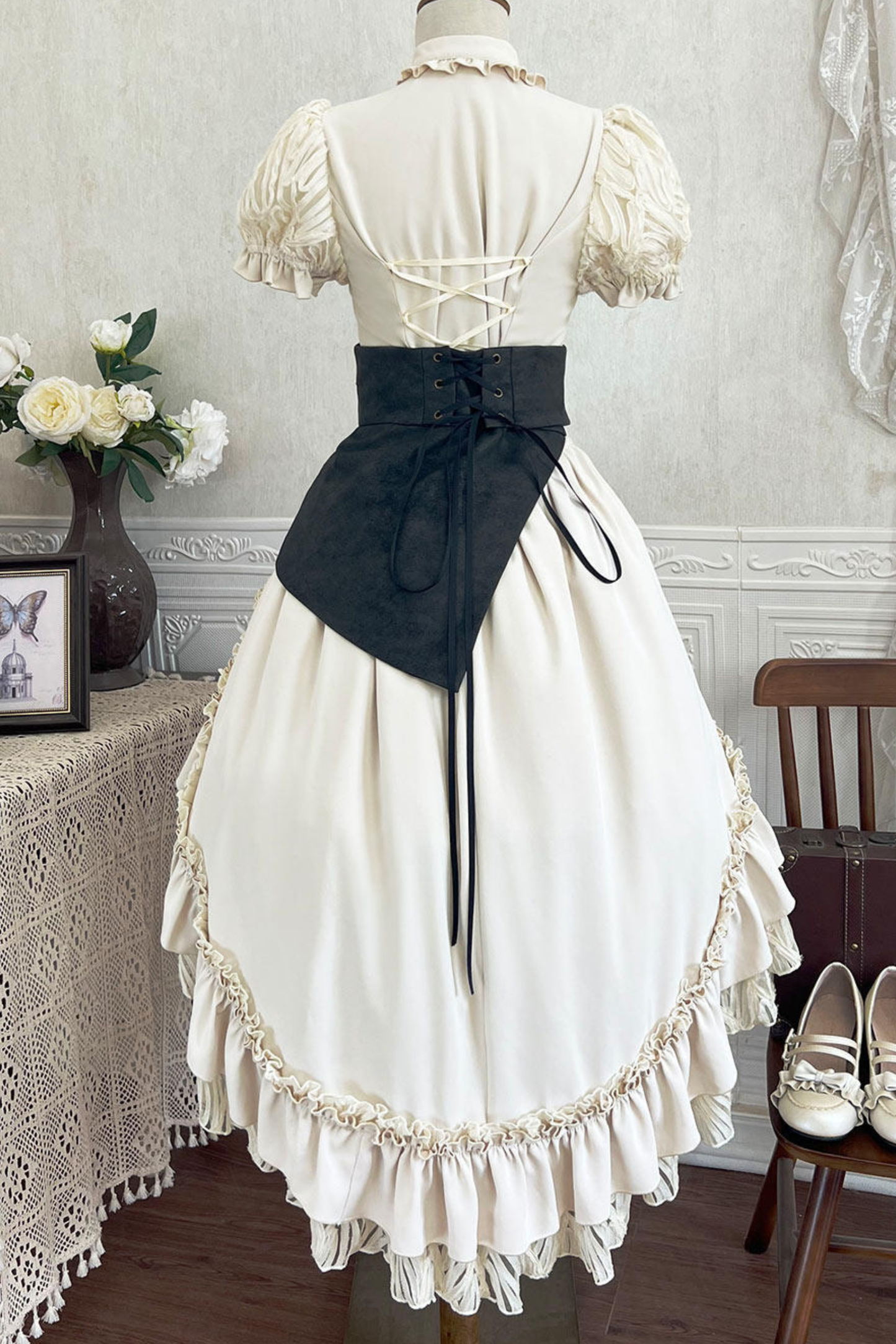 Lolita Puff Sleeve Top + Asymmetrical Skirt + Corset