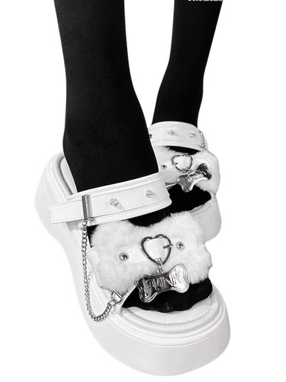 Punk Rivet Fur Chain Platform Flat Sandal