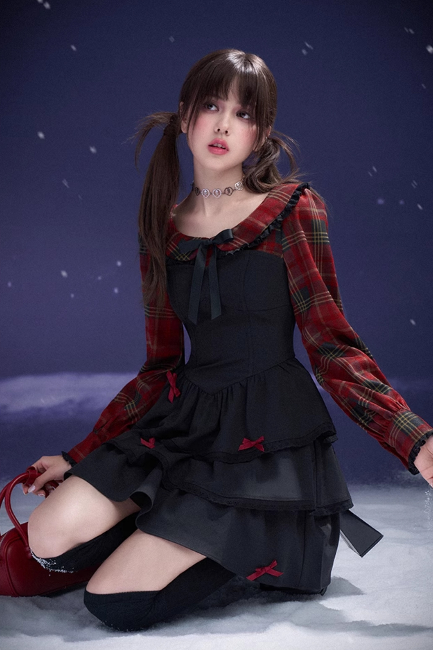 Plaid Faux Two Piece Tiered Dress