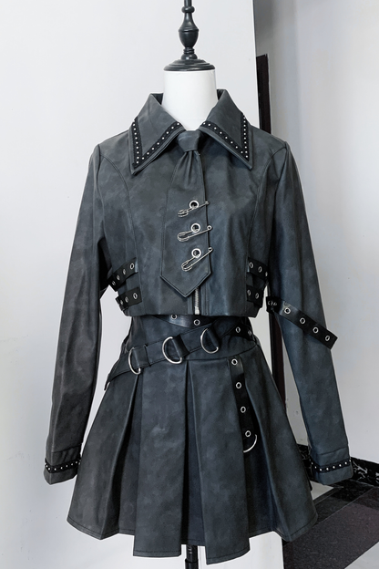 Gothic Matte Leather Dark Girl Top + Skirt