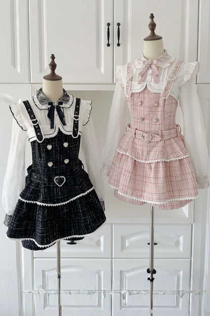 Plaid Design Suspender Skirt + Pants