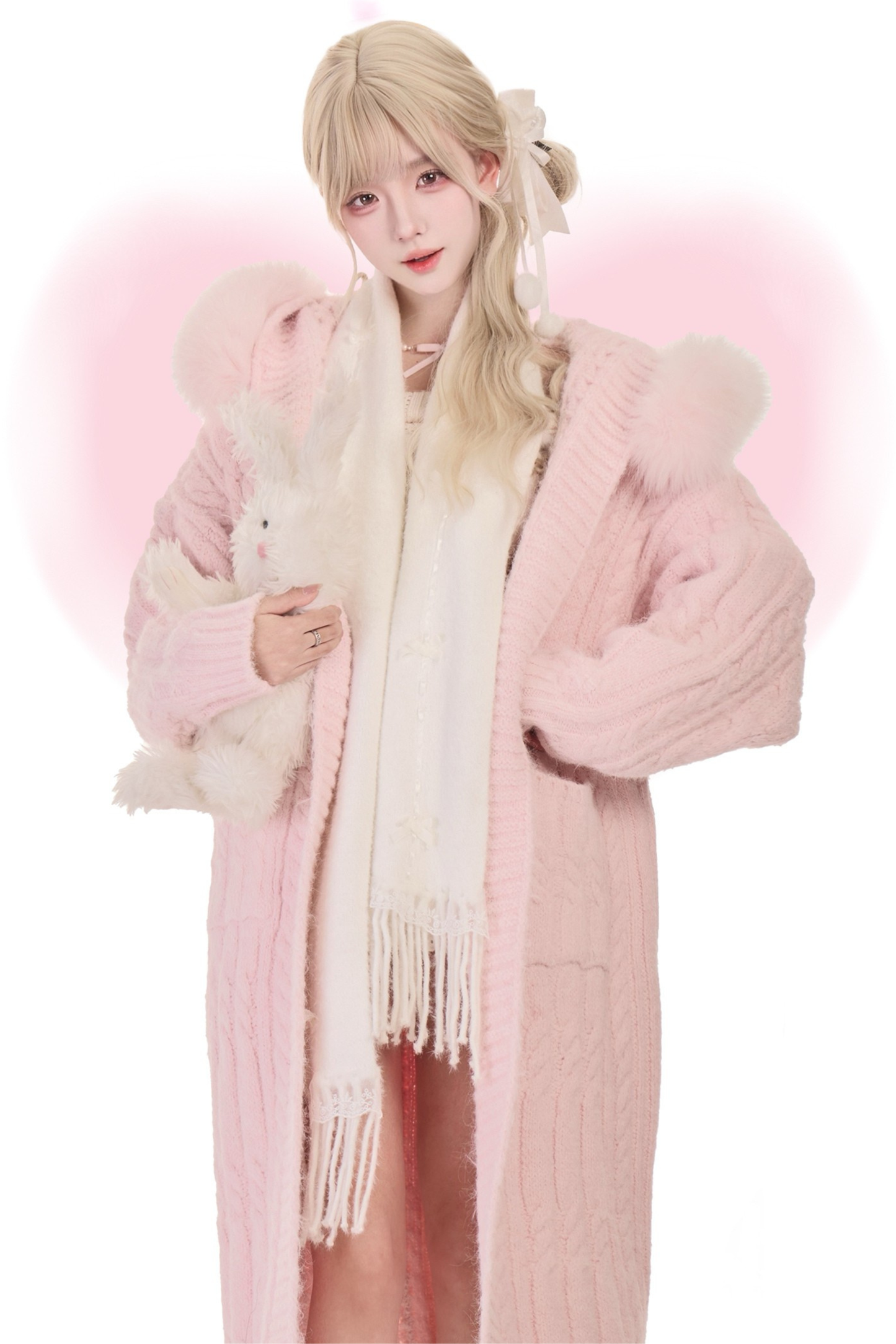 Mist Powder Knit Top + Knit Long Coat + Tiered Skirt