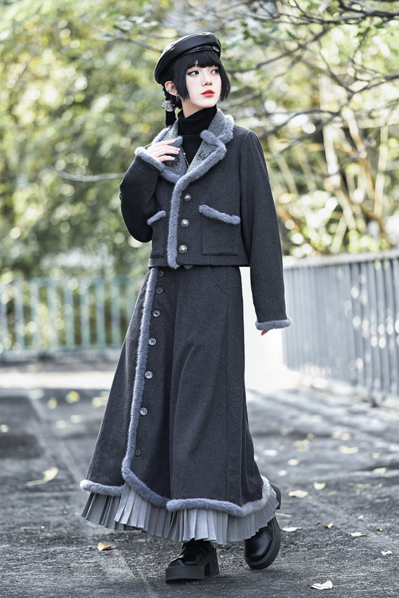Retro Mode Faux Fur Short Jacket + Skirt