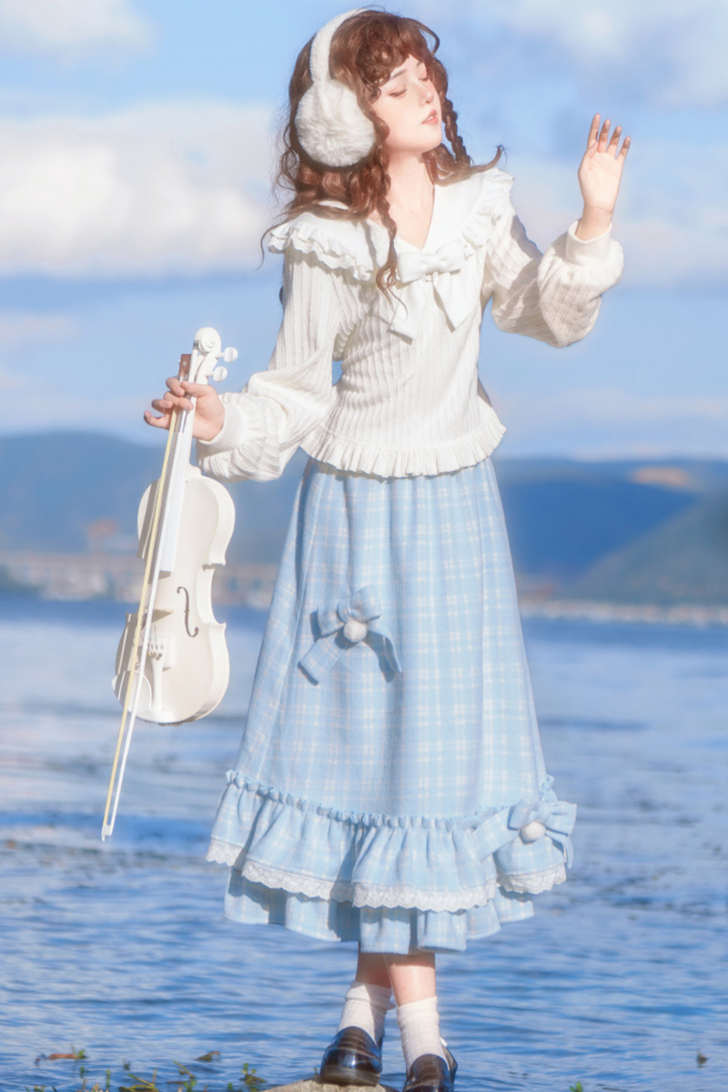Lace Doll Collar Ribbon Top + Skirt
