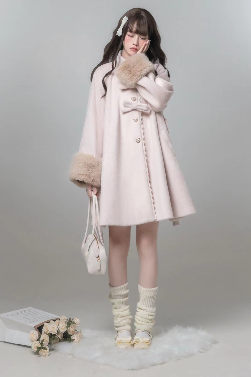 Sweet Girly Ribbon Flared Coat + Fur Collar + Shirt + Skirt + Beret