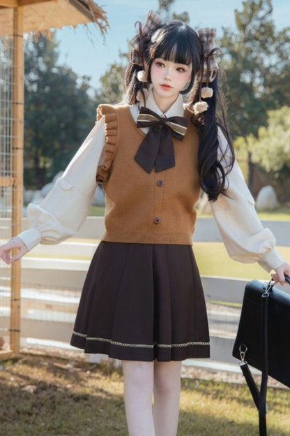 Fur Collar Cape + Knit Vest + Shirt + Pleated Skirt + Ribbon