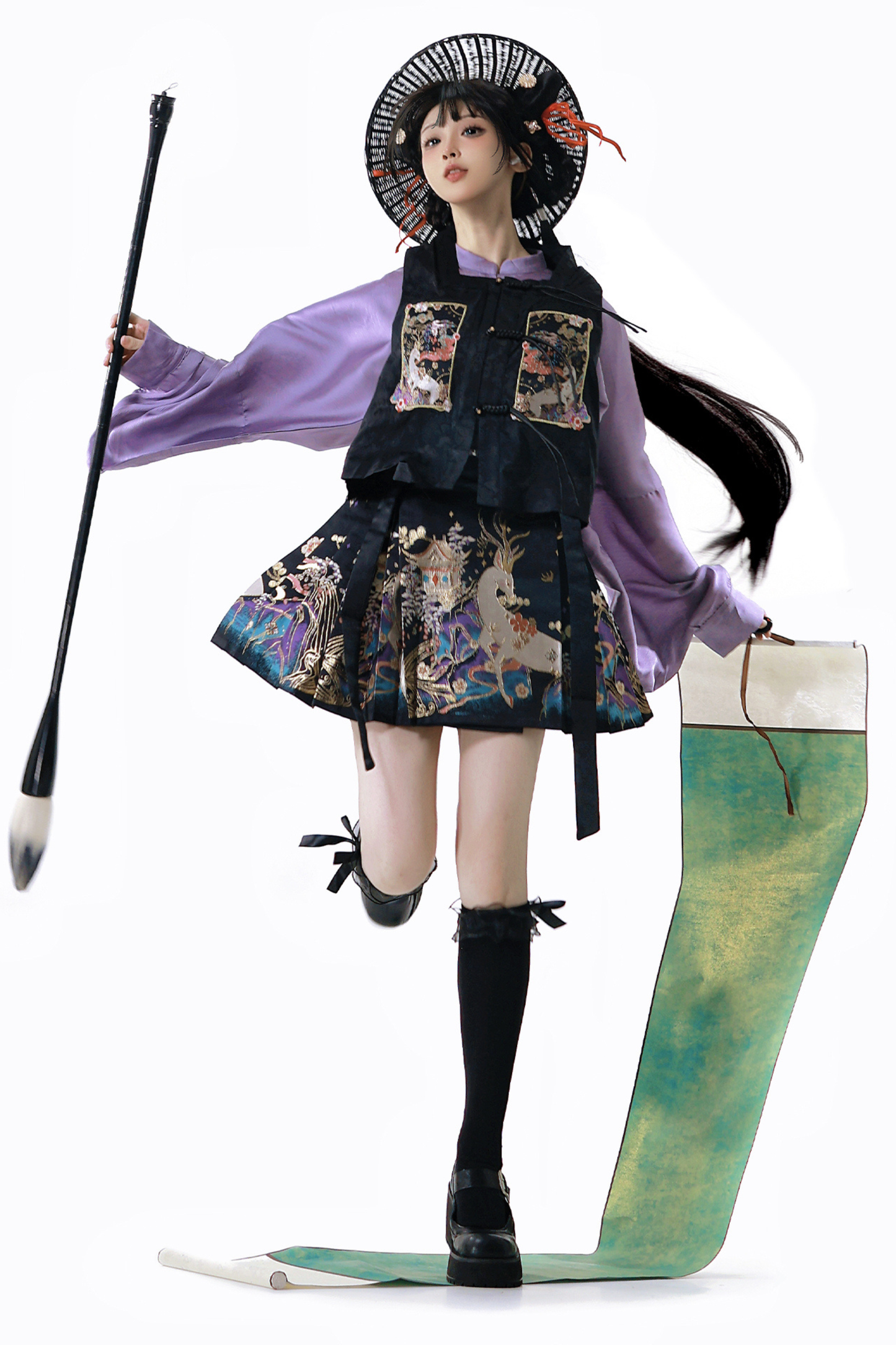 Dark Chinese-style Shirt + Vest + Skirt