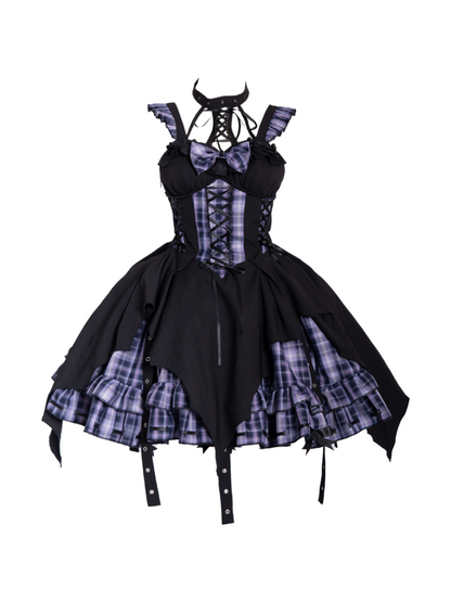 Punk Rock Halterneck Irregular Plaid Suspender Dress + Head Accessories