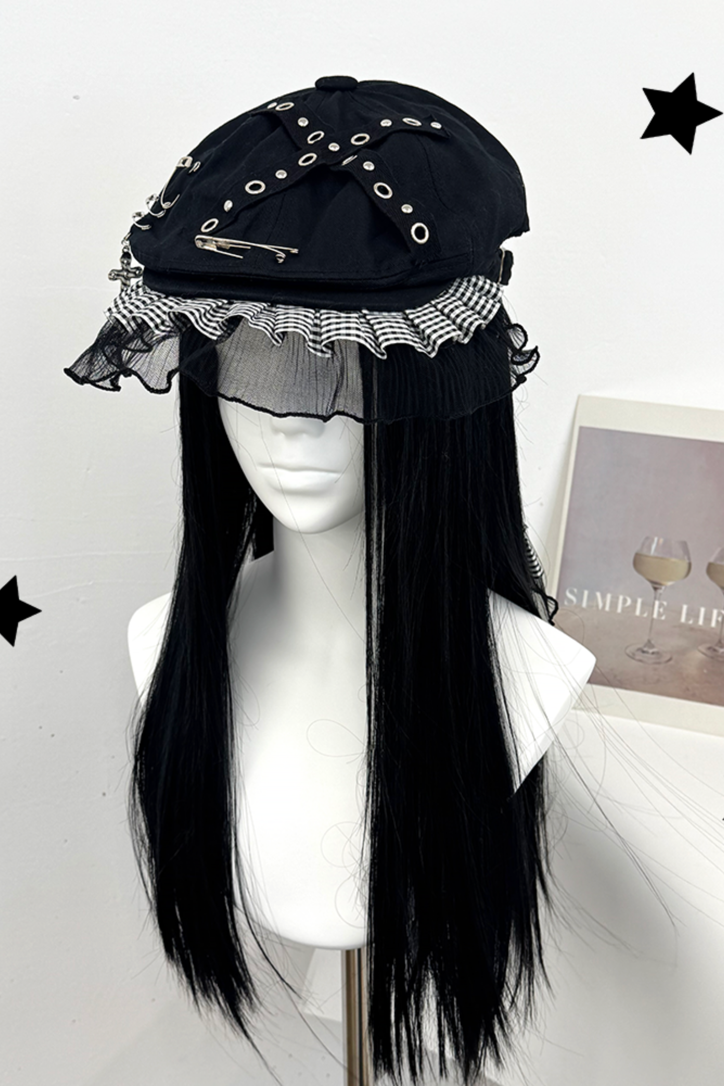 Cross Plaid Lace Bunny Hat