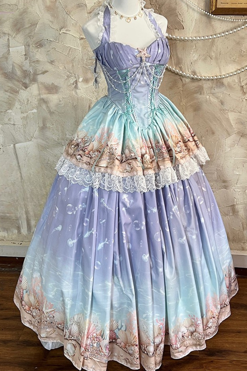 Gradient Bubble Halter Neck French Dress + Skirt