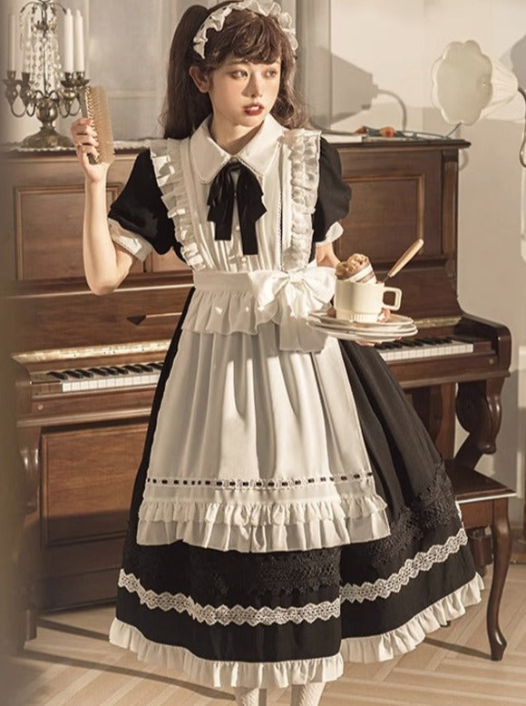 Front Ribbon Lantern Long Sleeve Maid Dress + Ruffle Big Ribbon Apron