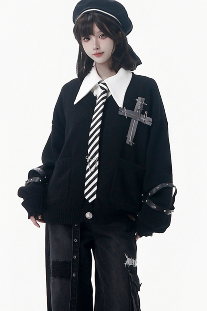 Cross Trim Cardigan + Shirt + Tie + Pants