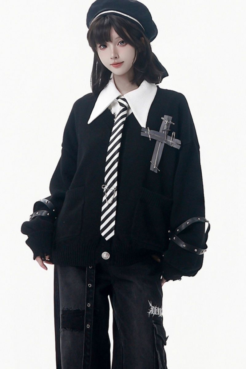 Cross Trim Cardigan + Shirt + Tie + Pants