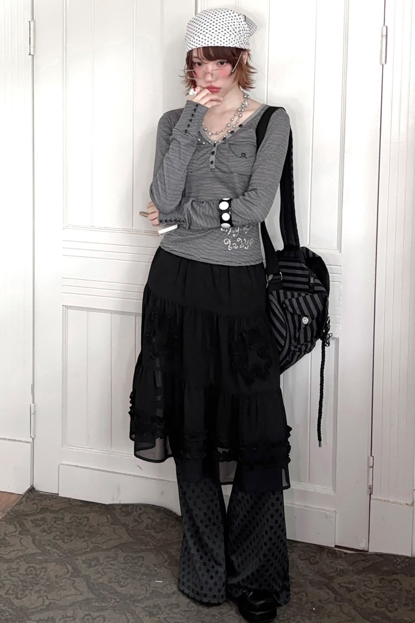 Y2k Striped V-neck Top + Skirt + Pants