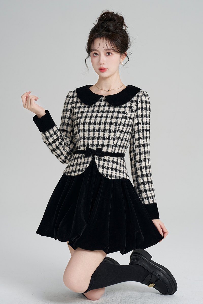 Velvet Monochrome Plaid Dress
