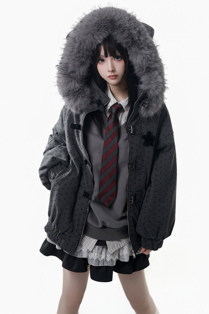 Big Fur Collar Jacket + Top + Skirt + Pants + Plaid Hooded Jacket