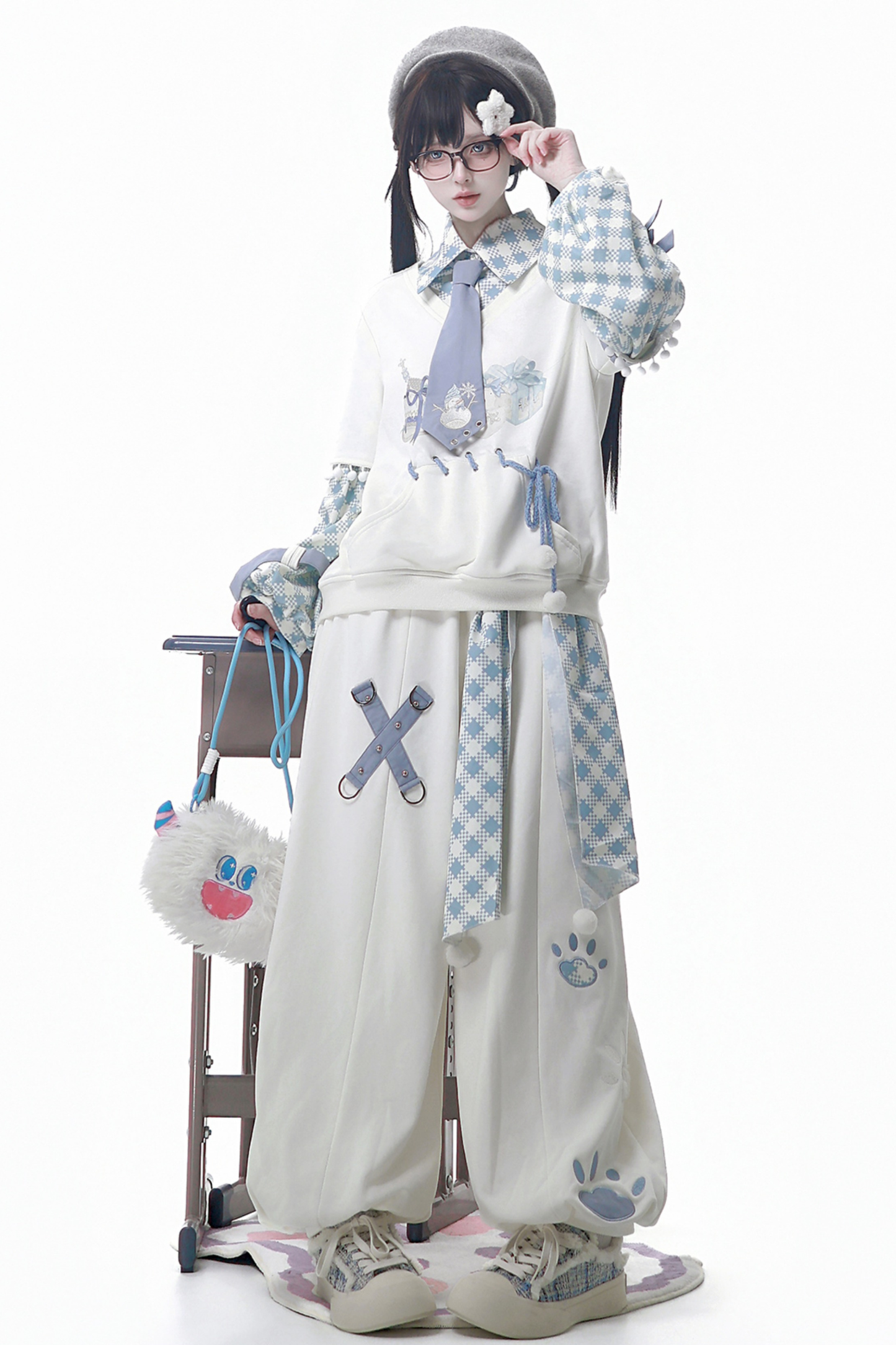 Digital Plaid Top + Wide Pants + Belt + Tie