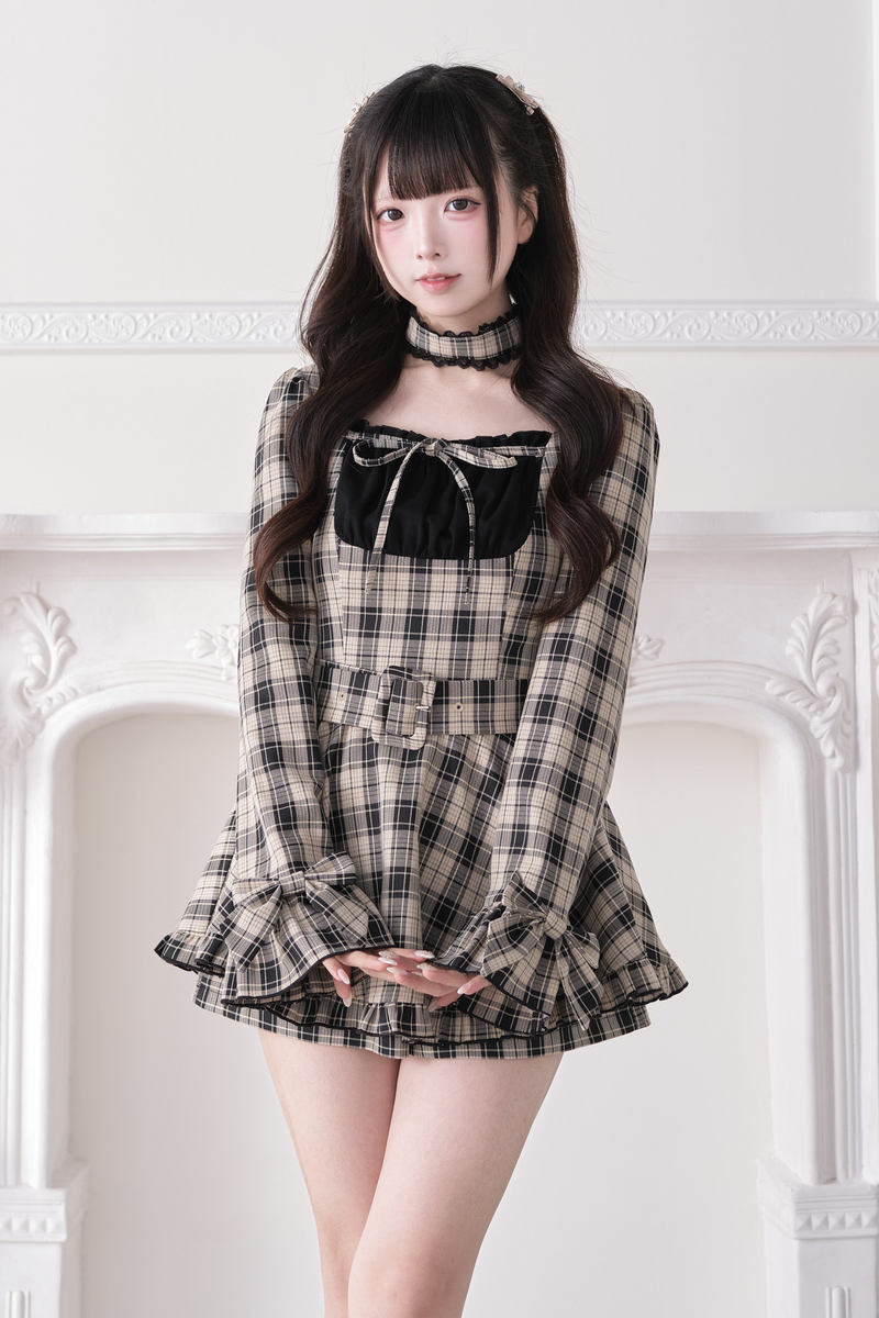 Plaid Ribbon Lace Dress