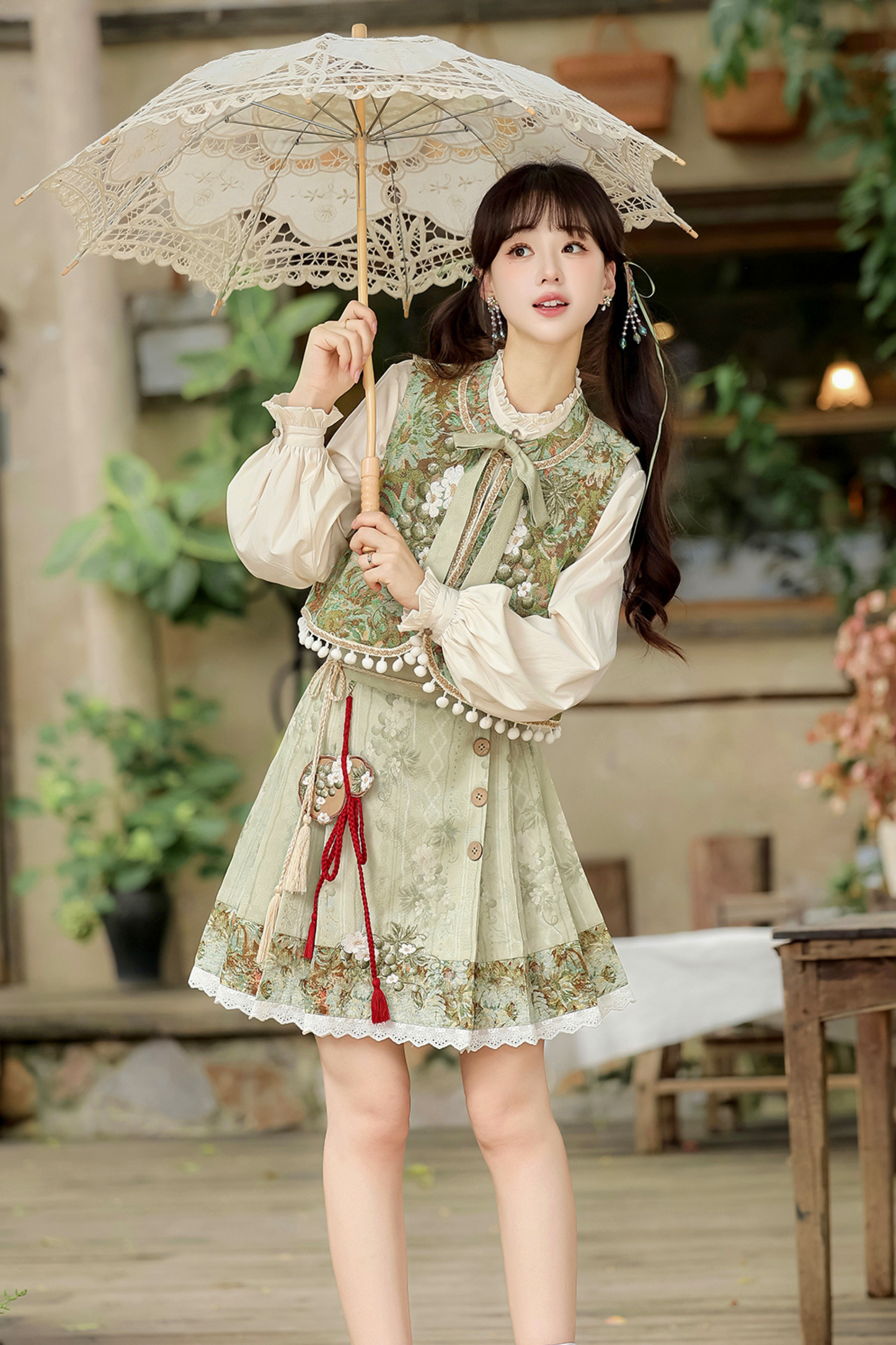 Forest Chinese-style Vest + Blouse + Skirt