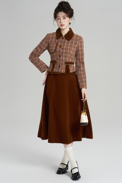 Plaid Jacket + Retro Plaid Velvet Skirt