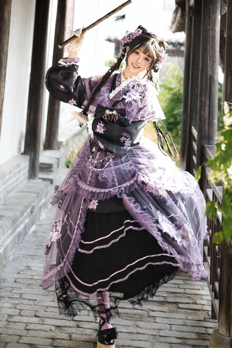 Dark Chinese-style Cross Collar Dress + Overdress + Skirt