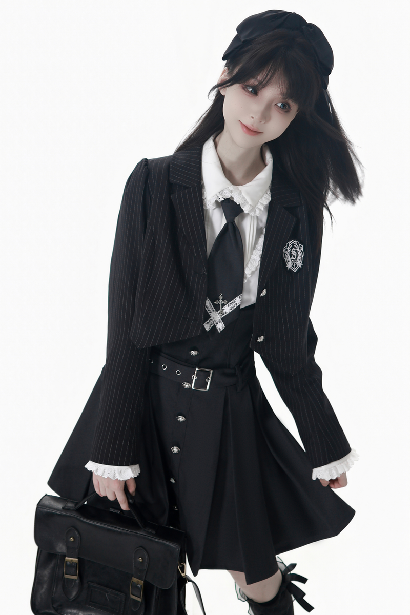 College Jacket + Suspender Skirt + Blouse + Tie