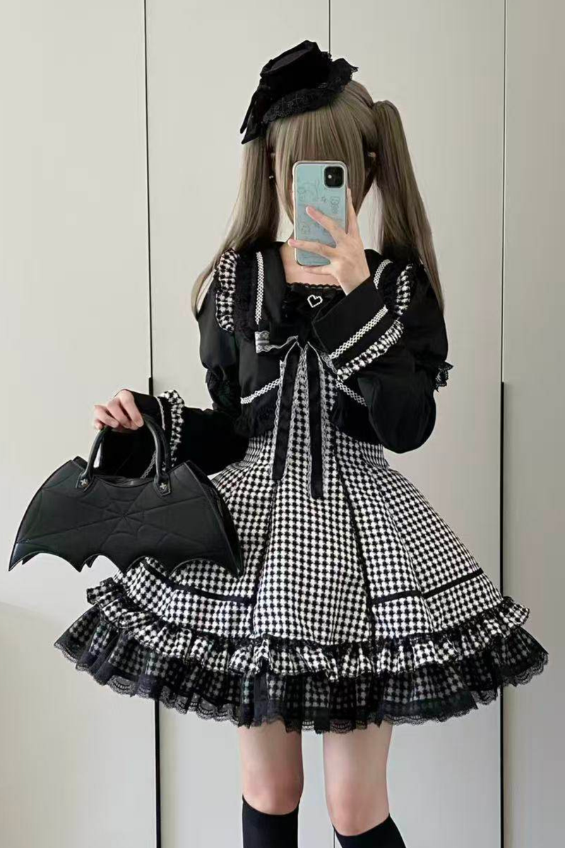 Houndstooth Dark Sweet Lolita Dress With Sleeves