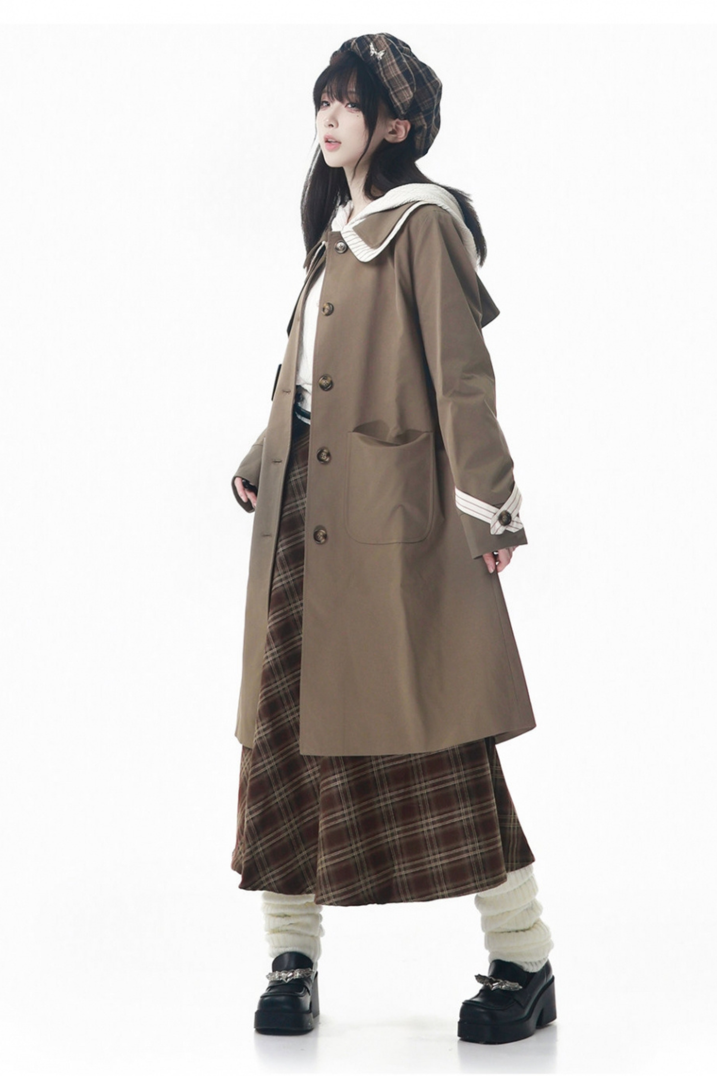 Maple Trench Coat + Hooded Top + Checkered Skirt + Shirt Dress