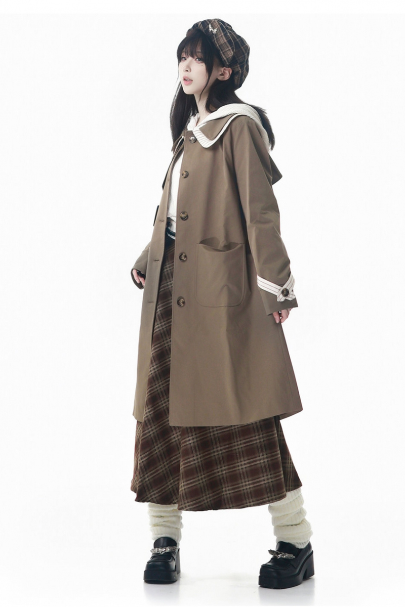 Maple Trench Coat + Hooded Top + Checkered Skirt + Shirt Dress