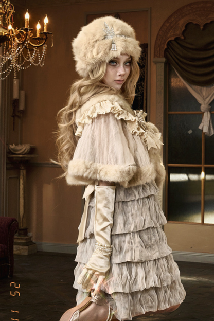 Night Party Gothic Fur Shawl + Hat + Brooch