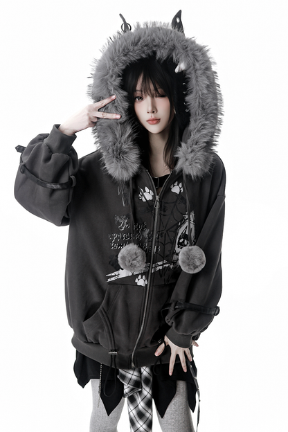 Fur Ball Fur Hooded Jacket + Top + Skirt