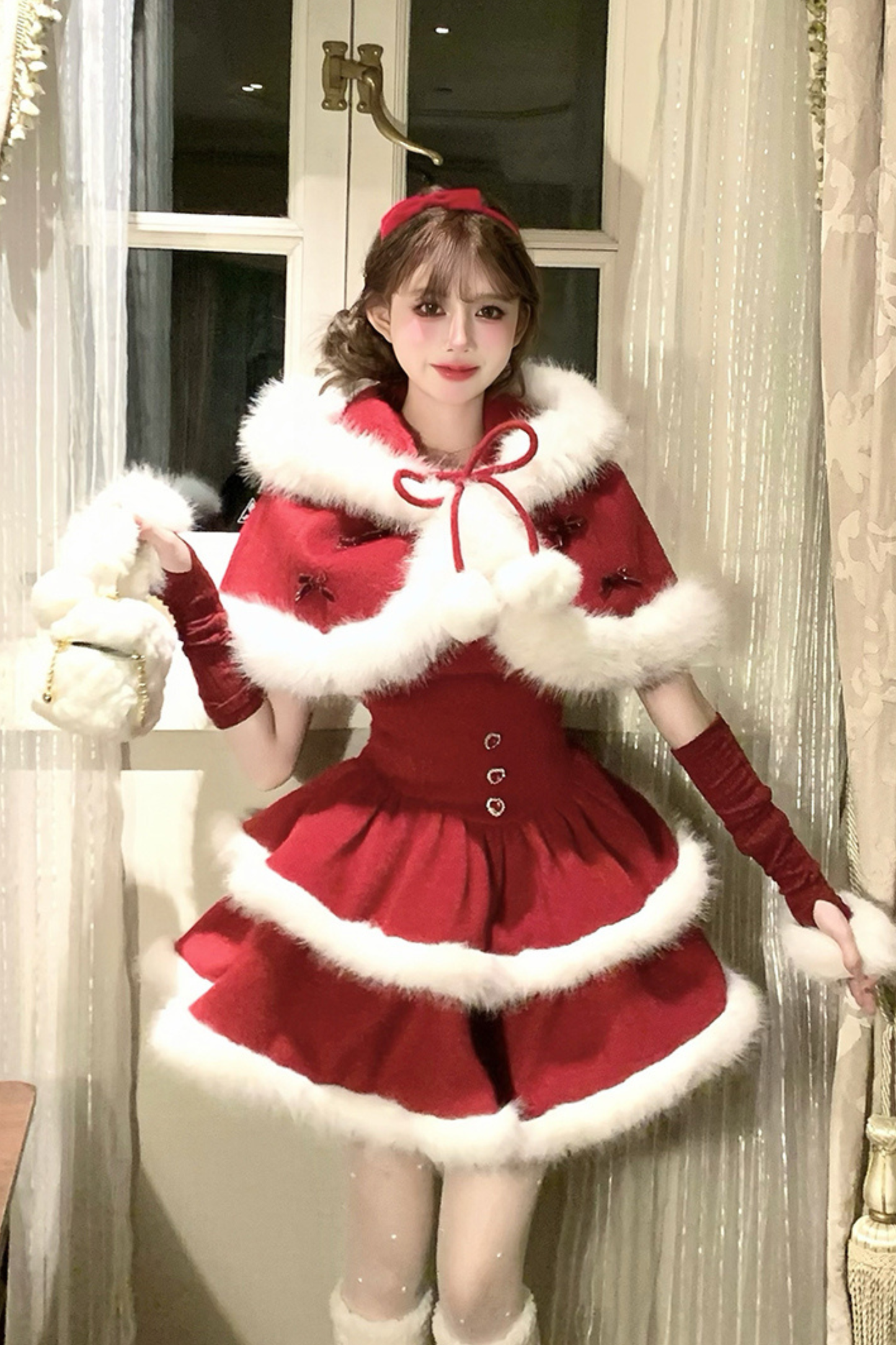 Red Velvet Cake Fur Coat + Suspender Skirt + Sleeves