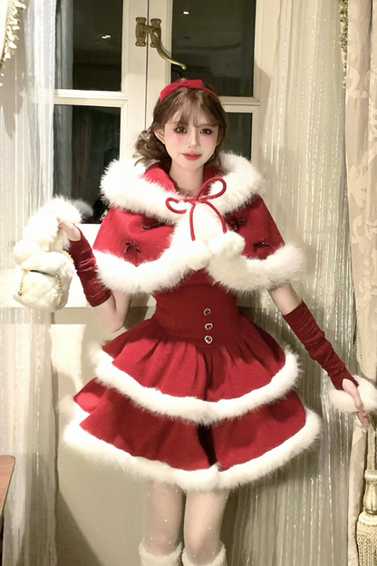 Red Velvet Cake Fur Coat + Suspender Skirt + Sleeves