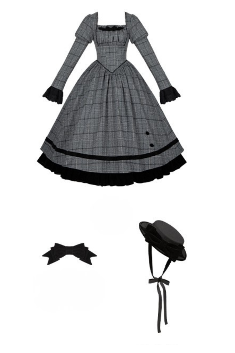 Plaid Fishbone Chest Jsk + Dress + Innerwear + Ribbon + Hat
