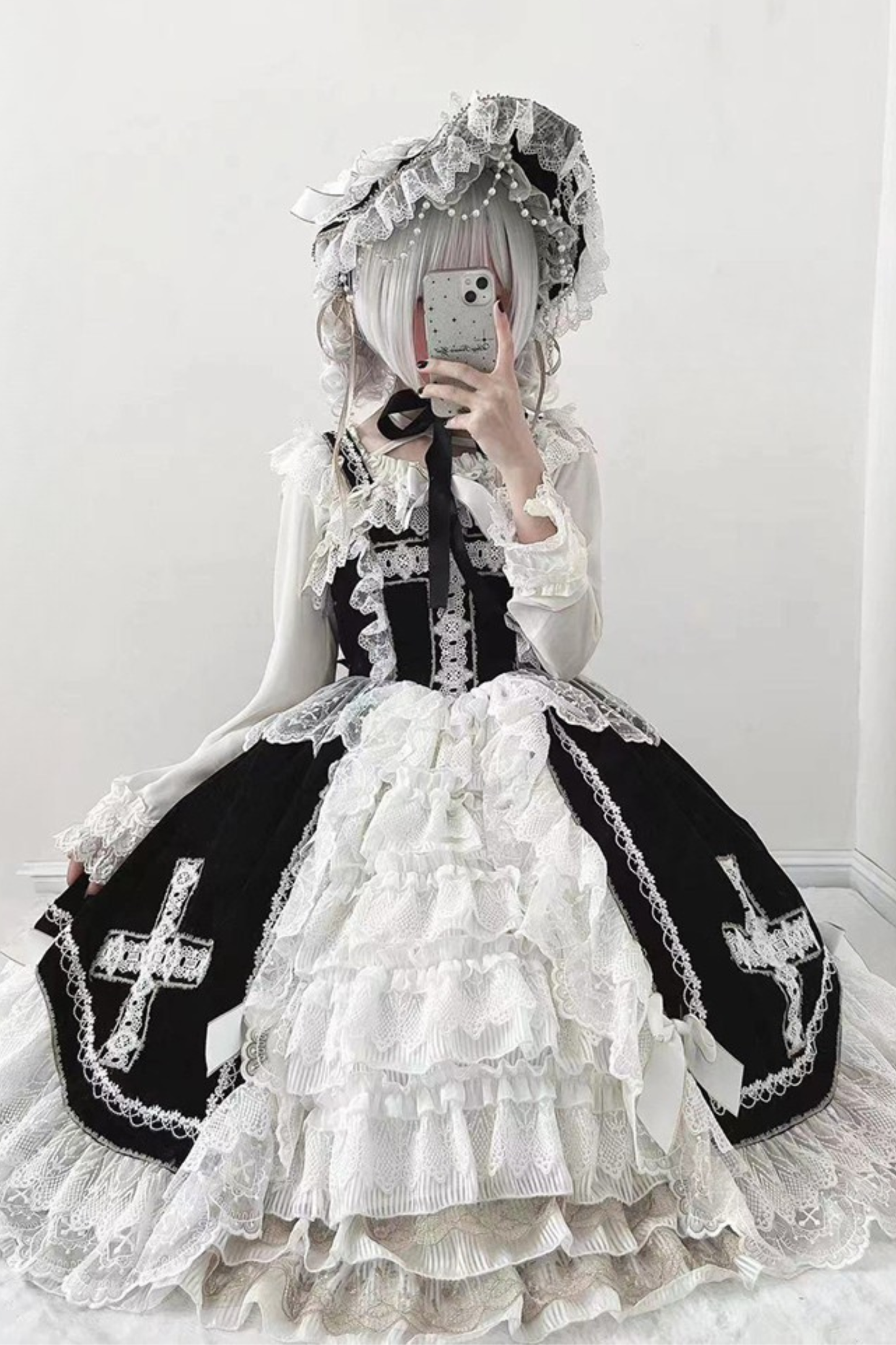 Gothic Doll Lace Jumper Skirt + Bonnet + Shawl