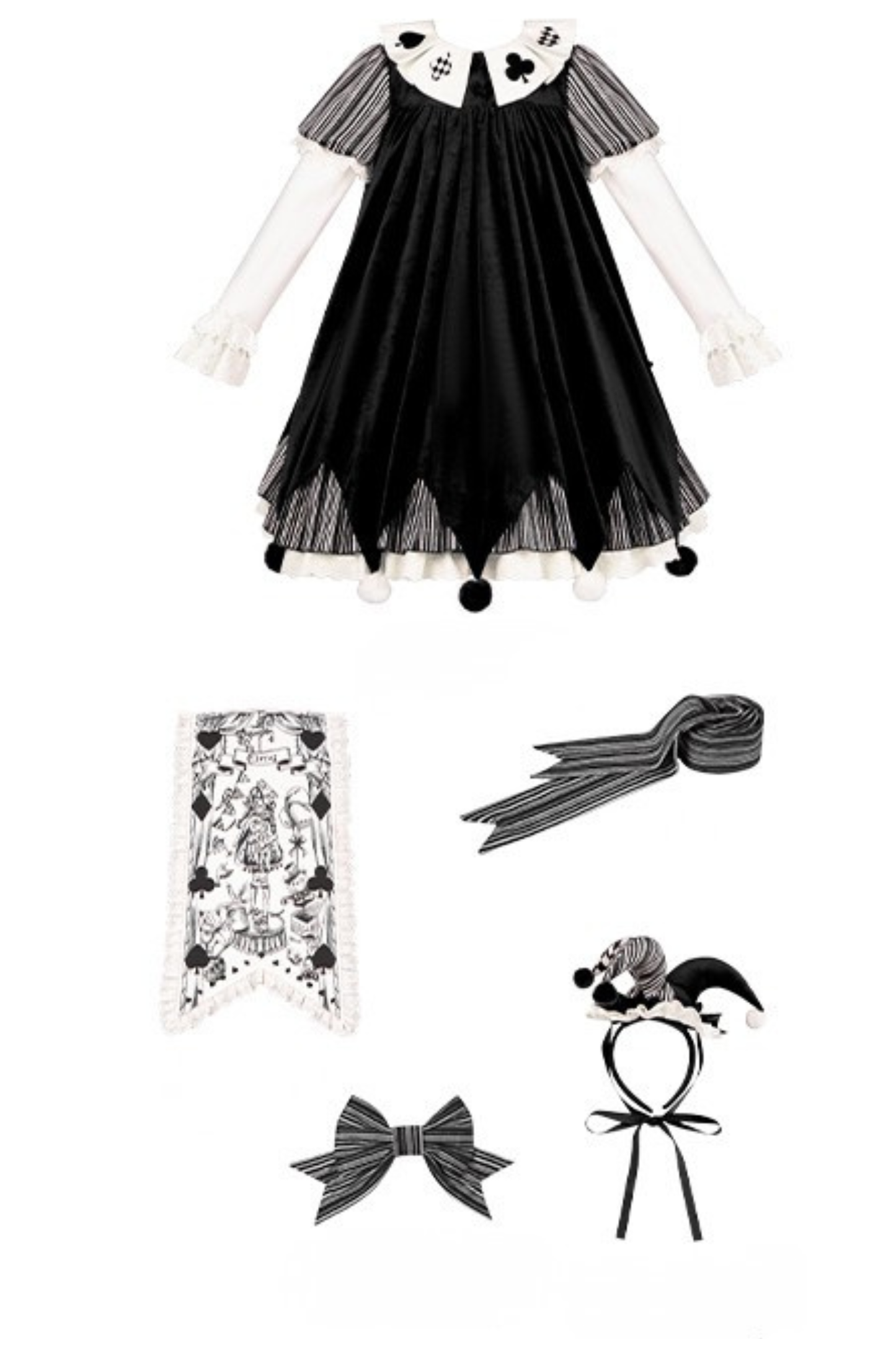 Doll Circus Pierrot Lolita Dress + Headband + Belt + Ribbon + Headband + Panel