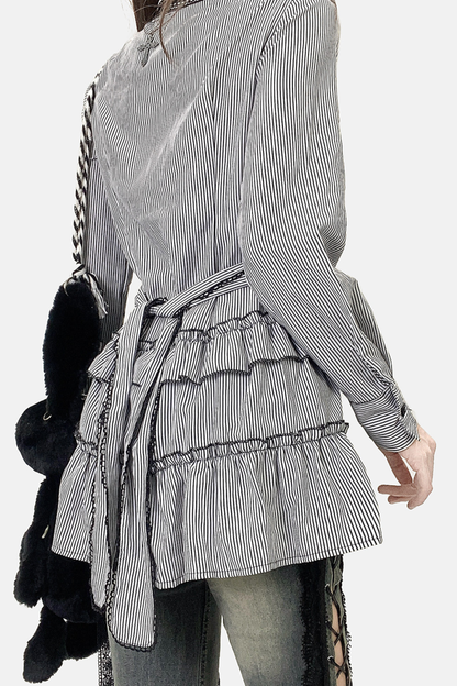 Striped Lace Midi Patchwork Shirt Dress